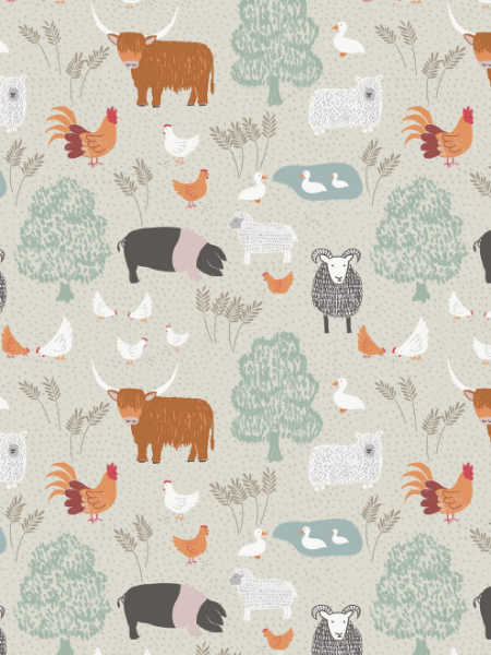 Country life on pale grey quilting fabric from Country Life Reloved by Lewis and Irene