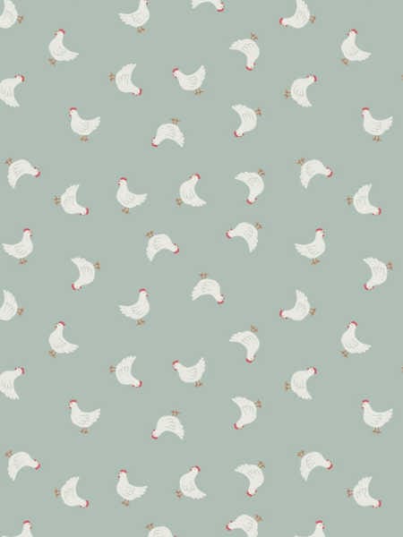 Little hens on mid grey quilting fabric from Country Life Reloved by Lewis and Irene